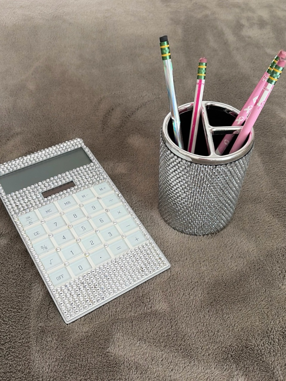 Silver Crystal Accent Calculator & Pen Holder Set - Stylish Desk Accessories!